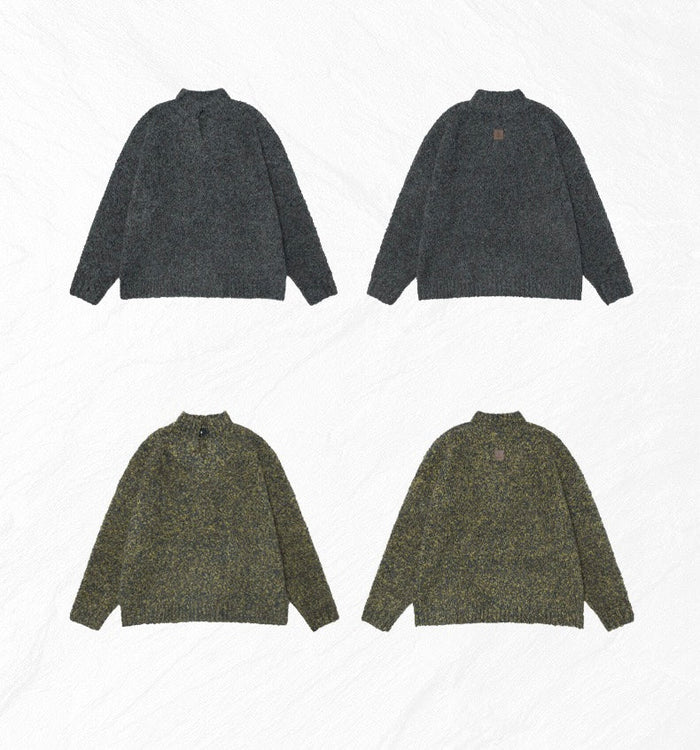 Four color views of the boucle half-zip sweater shown front and back on a white background