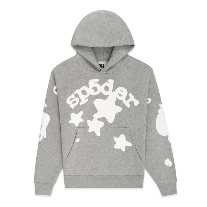 The Sp5der Stars Hoodie – Grey 440GSM Heavyweight Streetwear Pullover features white star and bubble designs with stylized chest text, a front pocket, long sleeves with matching white graphics, and is crafted from heavyweight cotton fleece.
