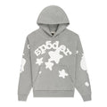 The Sp5der Stars Hoodie – Grey 440GSM Heavyweight Streetwear Pullover features white star and bubble designs with stylized chest text, a front pocket, long sleeves with matching white graphics, and is crafted from heavyweight cotton fleece.
