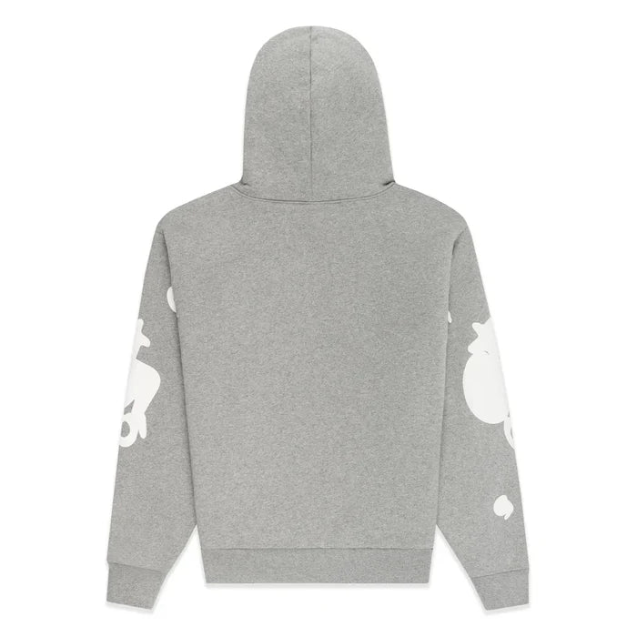The Sp5der Stars Hoodie – Grey 440GSM Heavyweight Streetwear Pullover is shown from the back, featuring white abstract sleeve graphics on light gray cotton fleece, with a plain look and no visible logos or text.