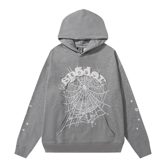 The Sp5der Hoodie – Grey Web 440GSM Heavyweight Oversized Streetwear Pullover features a white spiderweb design, bold “spider” lettering, star details on the sleeves, a front pocket, and a drawstring hood—ideal for streetwear enthusiasts.