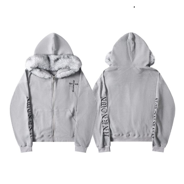 Grey waffle knit zip-up hoodie with faux fur trim hood and gothic sleeve embroidery, shown front and back