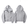 Grey waffle knit zip-up hoodie with faux fur trim hood and gothic sleeve embroidery, shown front and back