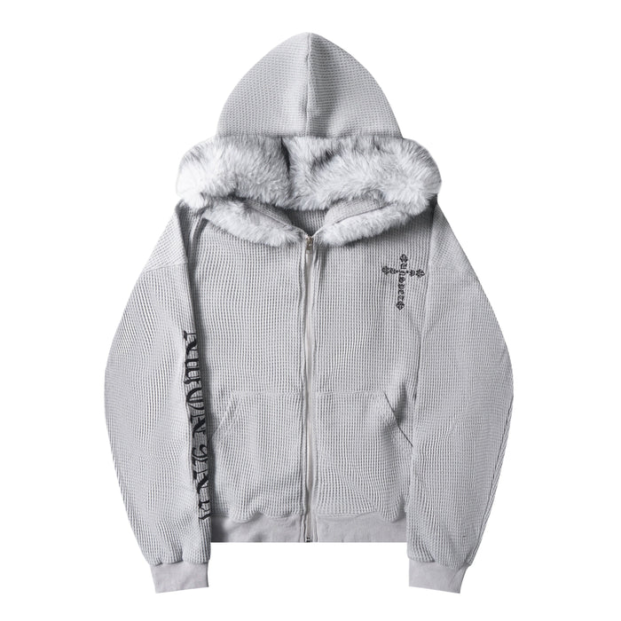 Light gray waffle knit zip-up hoodie with faux fur trim on the hood, front view