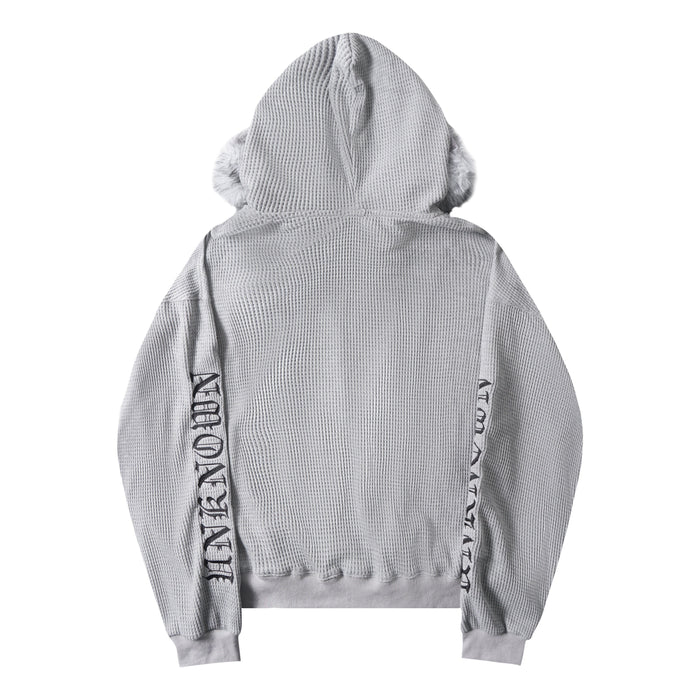 Light gray waffle knit zip-up hoodie shown from the back with faux fur hood trim