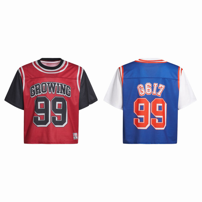 Front view of red and black Growing 99 varsity mesh crop jersey with bold number graphic and colorblock sleeves