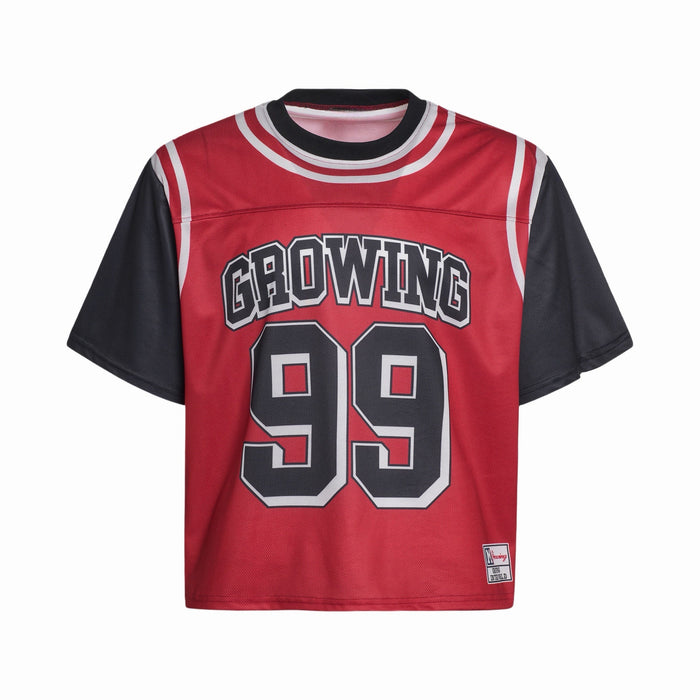 Red and black varsity mesh crop jersey with GROWING 99 graphic on the front, streetwear athletic style