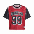 Red and black varsity mesh crop jersey with GROWING 99 graphic on the front, streetwear athletic style
