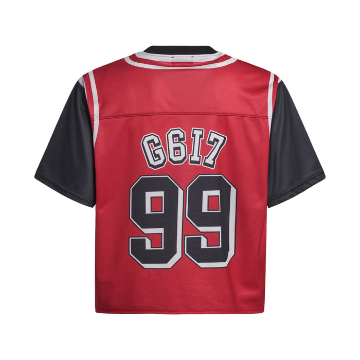 Red mesh varsity crop jersey with black sleeves, white trim, and bold 99 graphic on the back