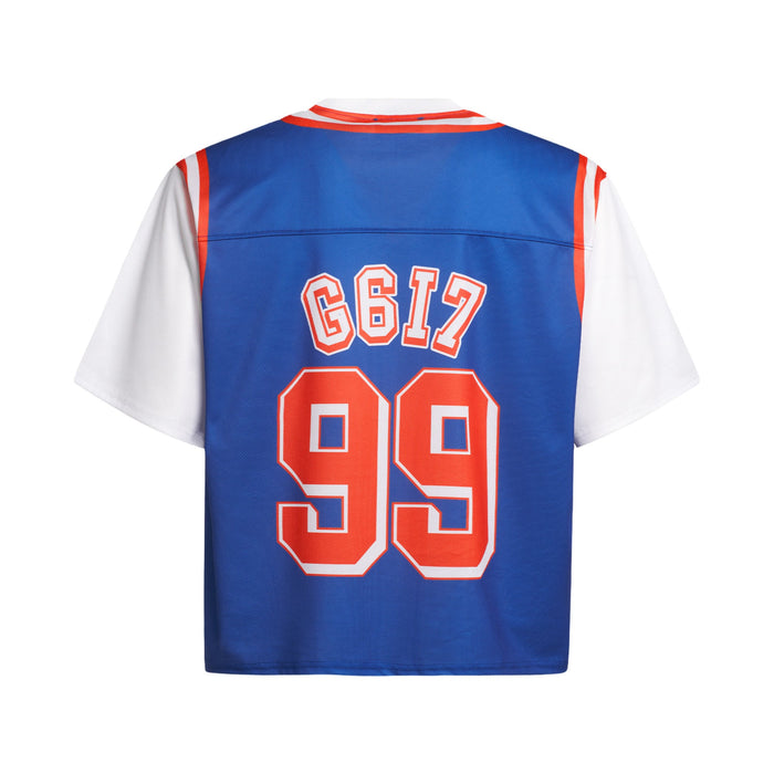 Blue varsity mesh crop jersey with white sleeves and red trim, featuring 617 and 99 on the back
