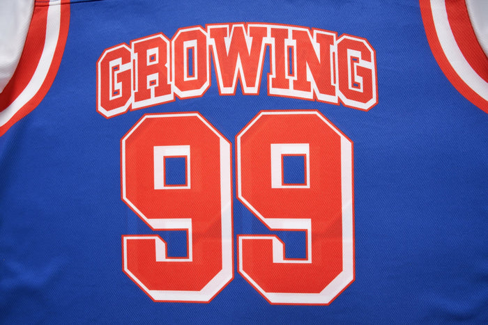 Blue varsity mesh crop jersey with red and white trim, featuring Growing 99 graphic on the front