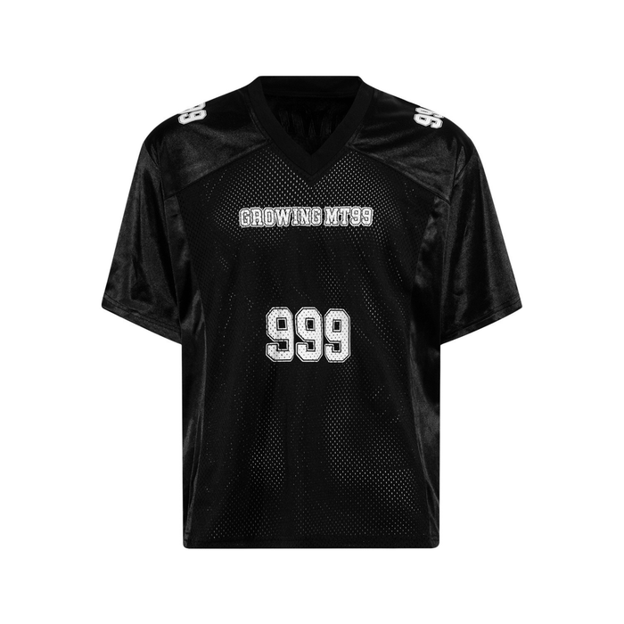 Black metallic varsity mesh jersey tee with V-neck, Growing MT99 graphic, and bold 999 front print