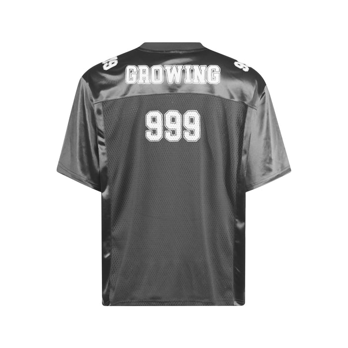 Black metallic varsity mesh jersey tee with GROWING and 999 graphic on the back