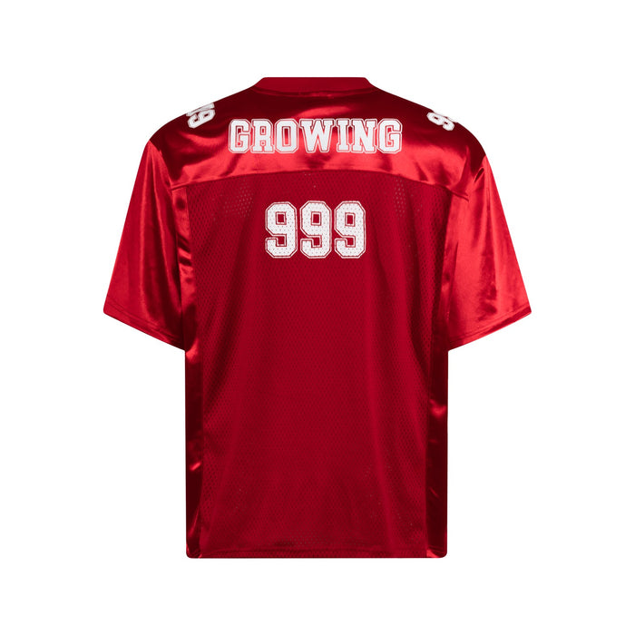 Red metallic varsity mesh jersey tee with GROWING and 999 graphics on the back