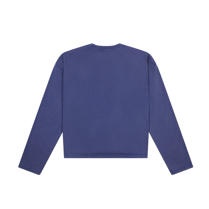 Back view of blue long sleeve cropped tee with a plain heavyweight finish