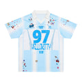 Hello Kitty blue and white varsity mesh jersey with striped panels, number 97, and playful character graphics