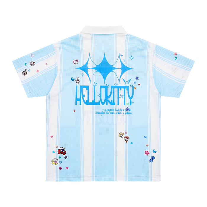 Light blue and white Hello Kitty varsity mesh jersey with striped panels and playful star graphics on the back