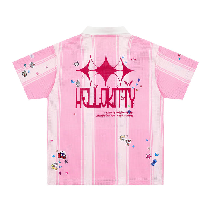 Pink Hello Kitty varsity mesh jersey with striped sleeves, rhinestone-style graphic, and colorful star accents on back