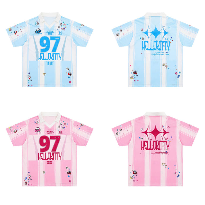 Hello Kitty varsity mesh jersey in blue and pink, with striped athletic panels, front number 97, and graphic back print