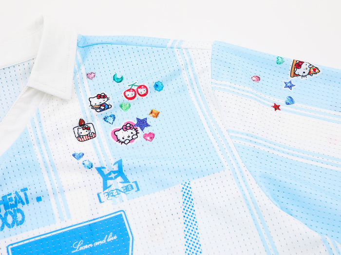 Light blue and white Hello Kitty varsity mesh jersey with striped panels and colorful character and heart graphics