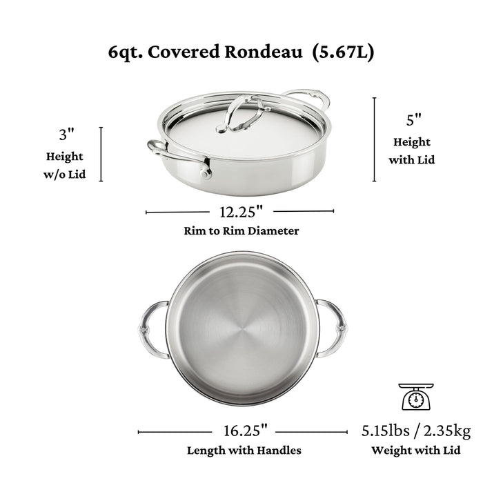 Hestan ProBond® Luxe 6-Quart Polished Professional Clad Stainless Steel Rondeau with Lid