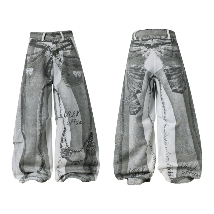 Front and back view of wide-leg pants with grayscale denim collage graphic print and handwritten script details