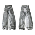 Front and back view of wide-leg pants with grayscale denim collage graphic print and handwritten script details