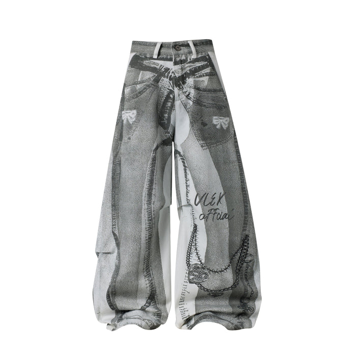 Gray wide-leg pants with abstract collage print, front view