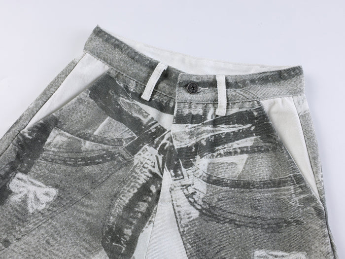 Close-up of gray pants waistband with button and white drawstring