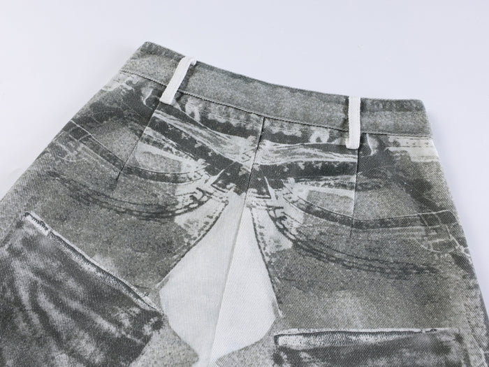 Close-up of gray collage print on the upper waistband area