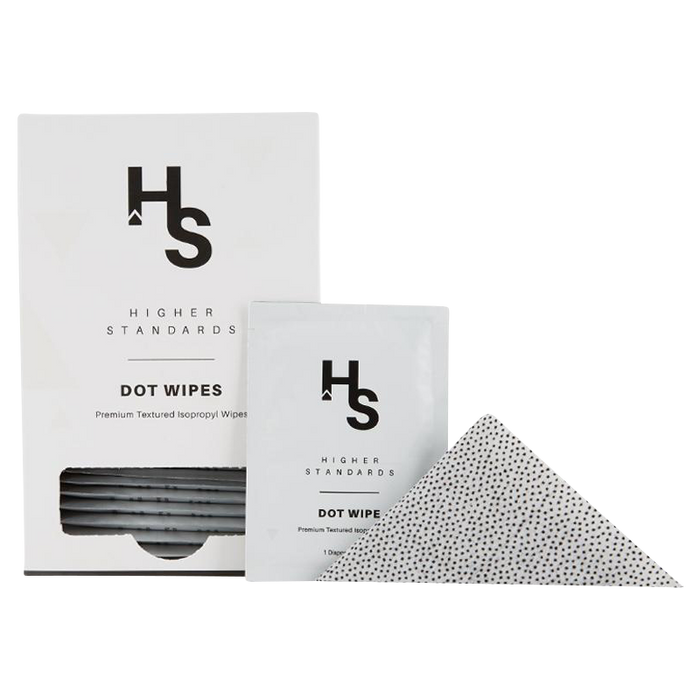 Front-facing boxed Higher Standards Dot Wipes - Box of 30 with a single sachet propped in front and a textured dotted wipe partially unfolded.