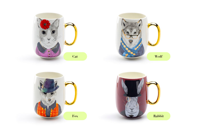 Hipster Animals Large Coffee Mugs with gold handles