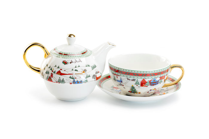 Holiday Christmas Snow Town Snow Village Tea For One Set