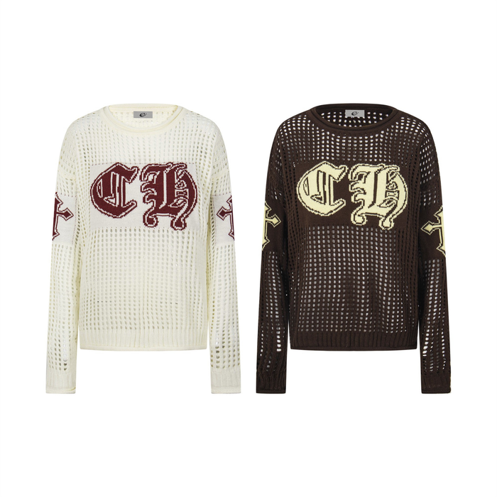 Cream open-knit crewneck sweater with burgundy Gothic CH lettering and cross sleeve motifs on white background