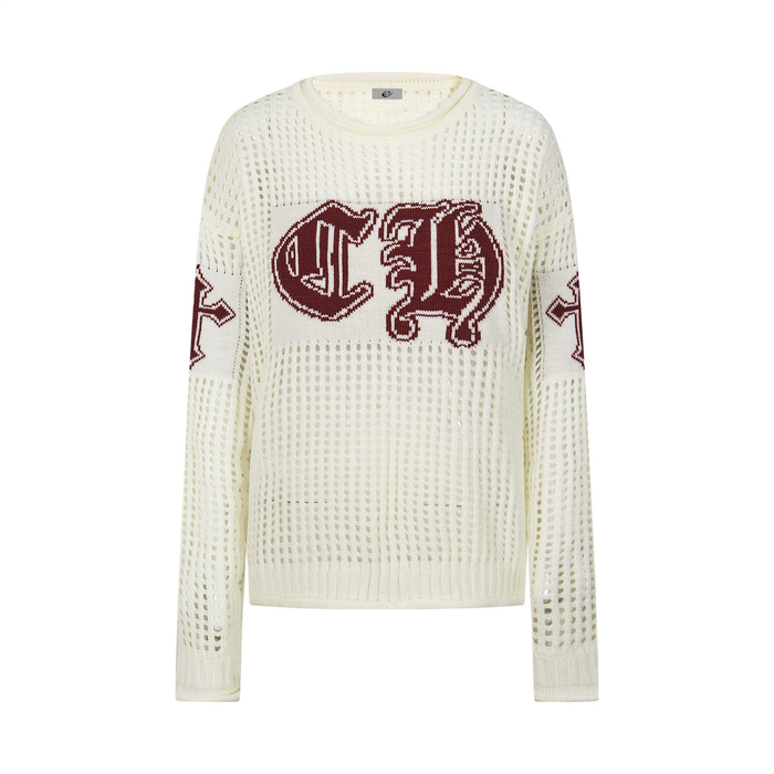Cream open-knit crewneck sweater with burgundy CH varsity graphic, front view