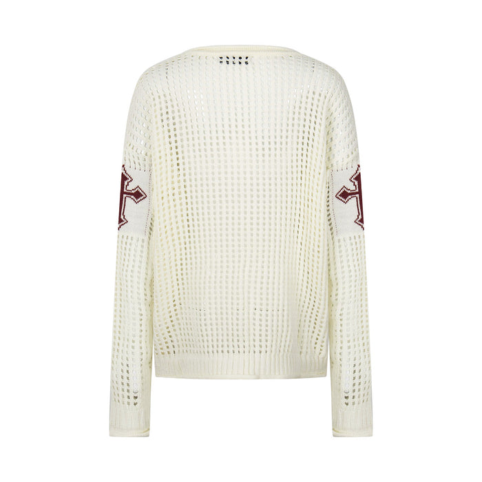 Cream open-knit crewneck sweater back view with ribbed hem and shoulder detail