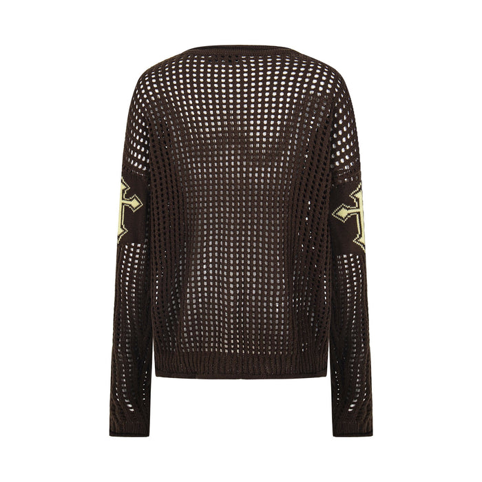 Chocolate brown open-knit crewneck sweater back view with long sleeves