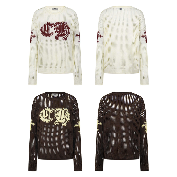 Cream and brown open-knit CH varsity sweaters shown front and back