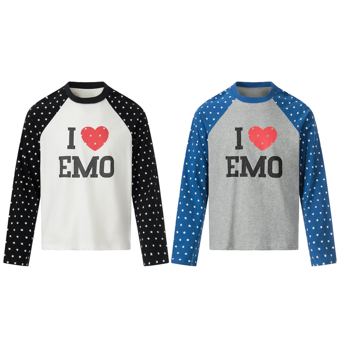 White and black raglan long sleeve tee with bold I Love EMO graphic and star-print contrast sleeves