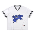 White mesh varsity jersey with black trim, blue star graphic, and Inflation 24 logo on the front