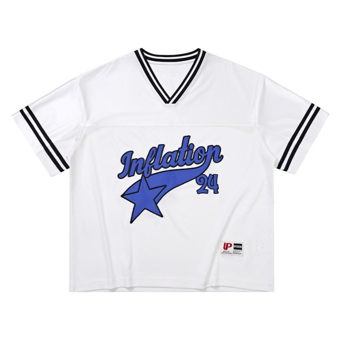 White mesh varsity jersey with black trim, blue star graphic, and Inflation 24 logo on the front