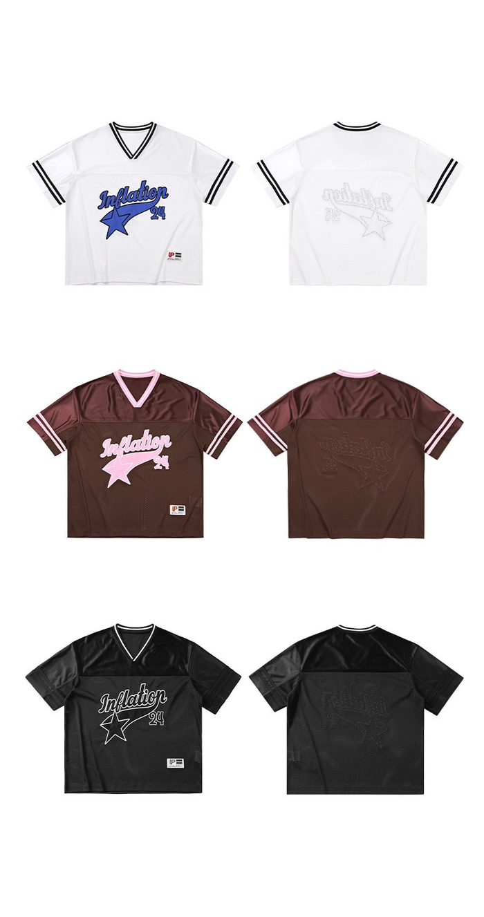 Varsity mesh jersey with star graphic, V-neck trim, and front and back views in white, brown, and black colorways