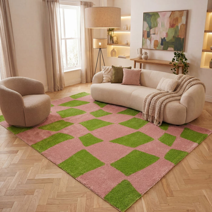 Living room with a pink and green checkered rug, beige sofa, and armchair.