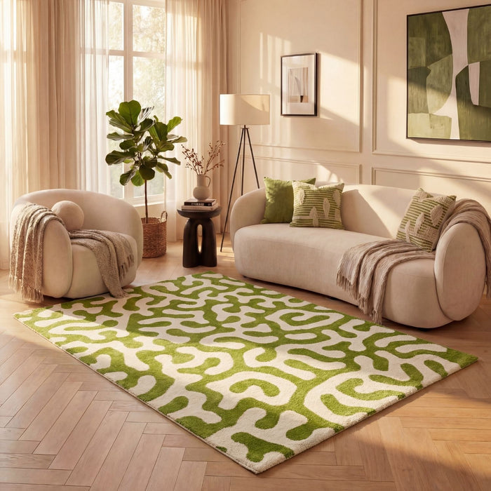 Joli abstract Green & White High Pile Rug Colourfast