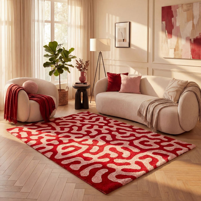 Joli Abstract Red & Pink Plush Pile Rug Pet-friendly