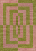Geometric patterned rug with pink and green colors