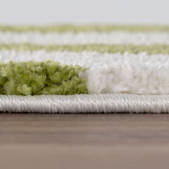 Close-up of a green and white striped rug on a wooden floor.