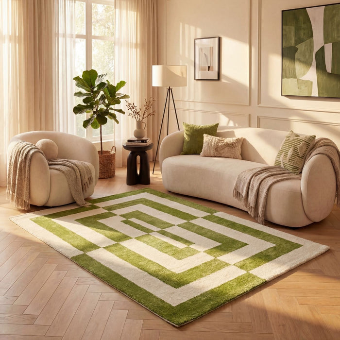 Green and white geometric patterned rug, easy care, non-shed.
