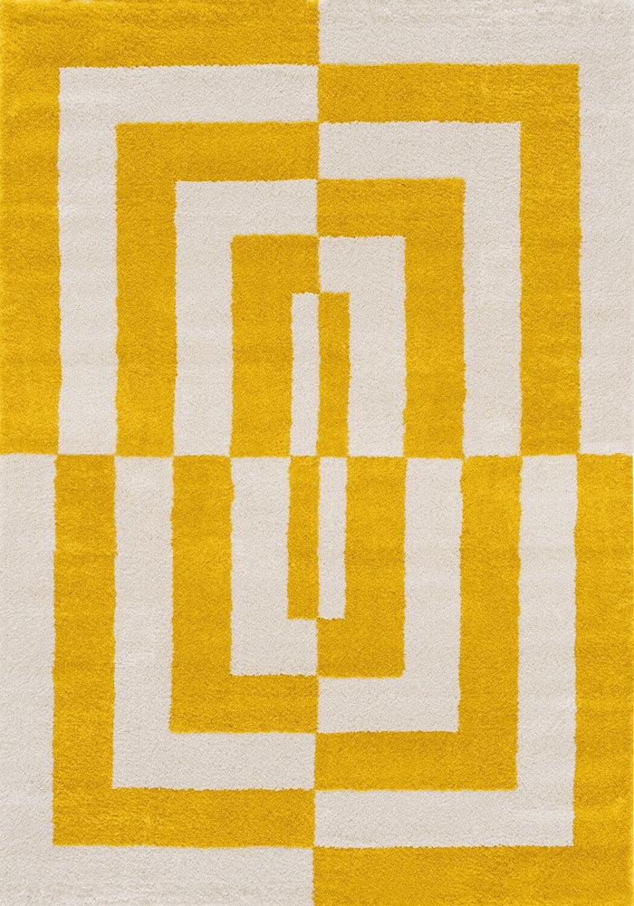 Yellow and white geometric patterned rug