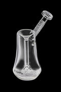A front view of the K. Haring Glass Bubbler, showcasing its clear glass construction and unique design.